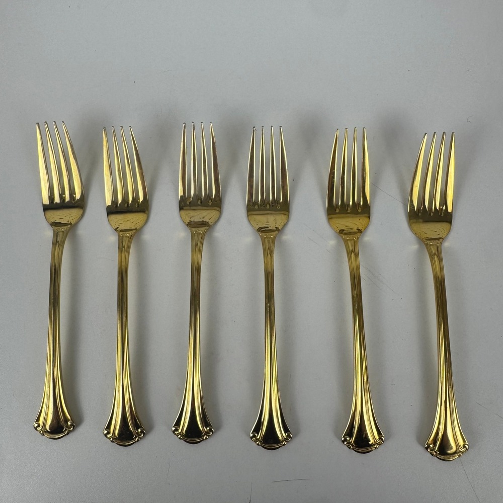 Vtg Royal Gallery Gold Tone Dinner Forks Set 6 Japan Flared Scroll Handle